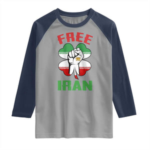 Free Iran Raised Fist and Persian Flag Clover Raglan Shirt Lion and Sun Freedom Fighter Iranian Revolution TS02 Sport Gray Navy Print Your Wear