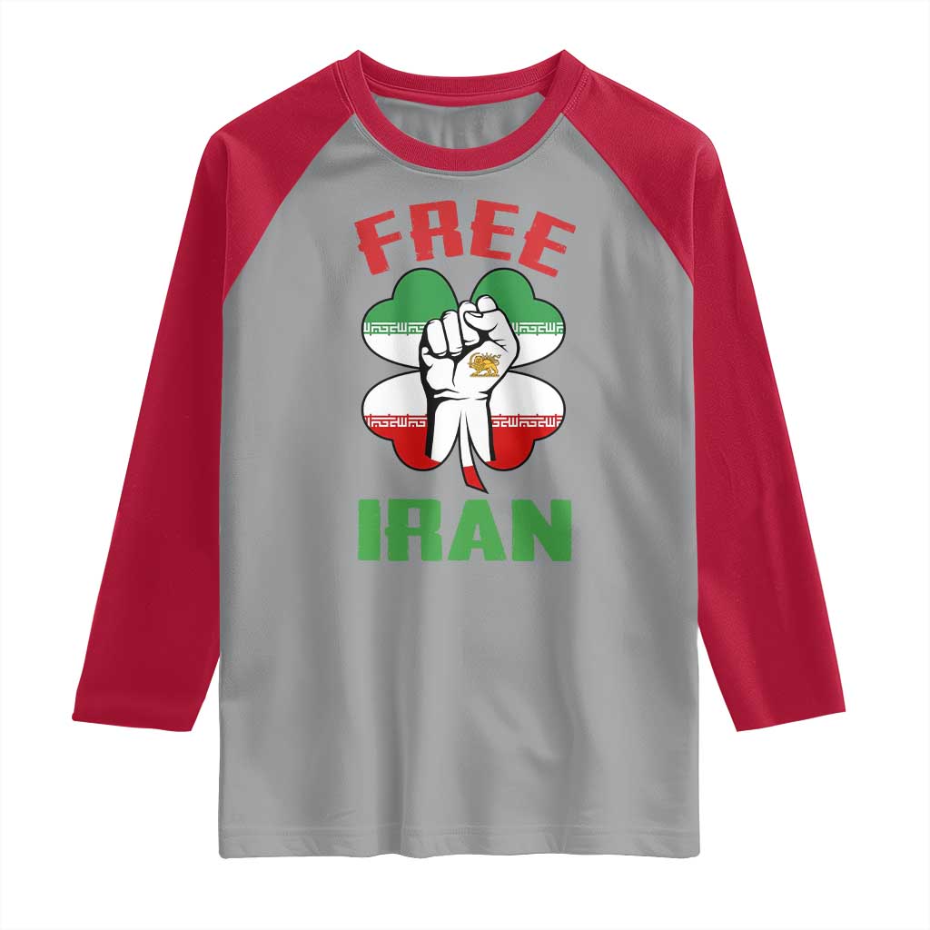 Free Iran Raised Fist and Persian Flag Clover Raglan Shirt Lion and Sun Freedom Fighter Iranian Revolution TS02 Sport Gray Red Print Your Wear