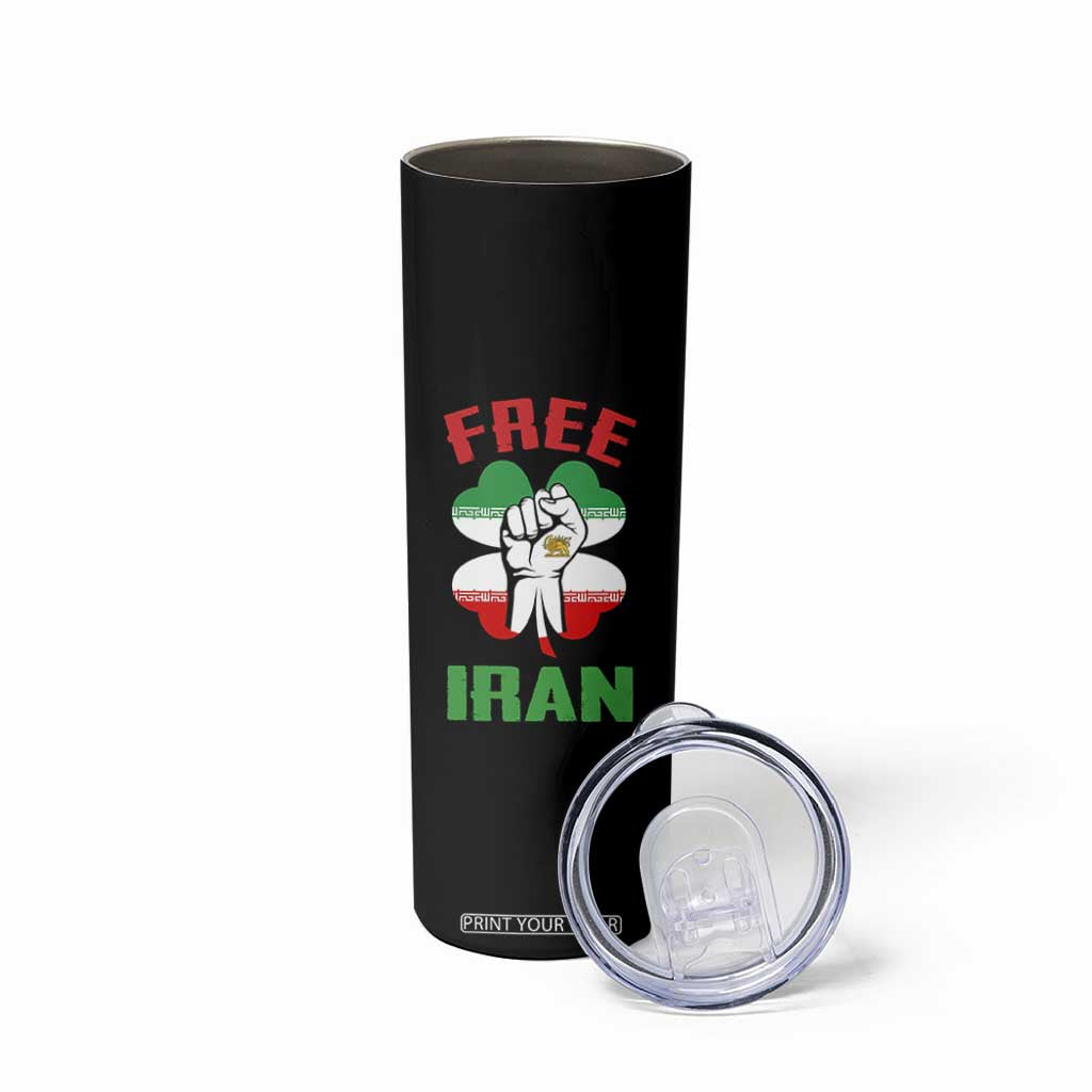Free Iran Raised Fist and Persian Flag Clover Skinny Tumbler Lion and Sun Freedom Fighter Iranian Revolution TS02 Print Your Wear