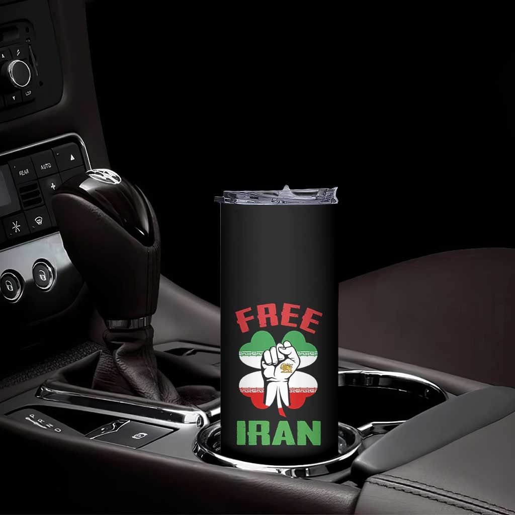 Free Iran Raised Fist and Persian Flag Clover Skinny Tumbler Lion and Sun Freedom Fighter Iranian Revolution TS02 Print Your Wear