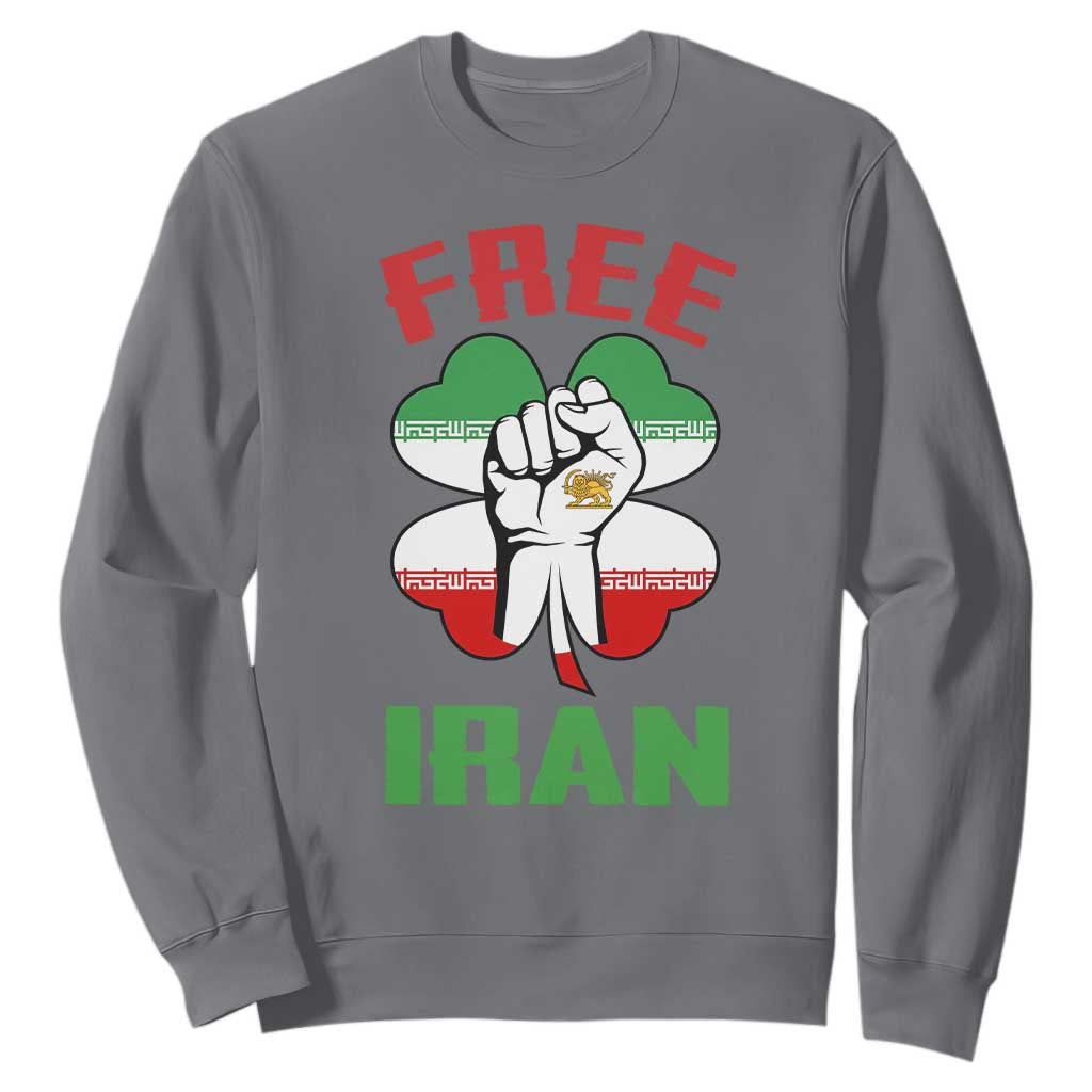 Free Iran Raised Fist and Persian Flag Clover Sweatshirt Lion and Sun Freedom Fighter Iranian Revolution TS02 Charcoal Print Your Wear