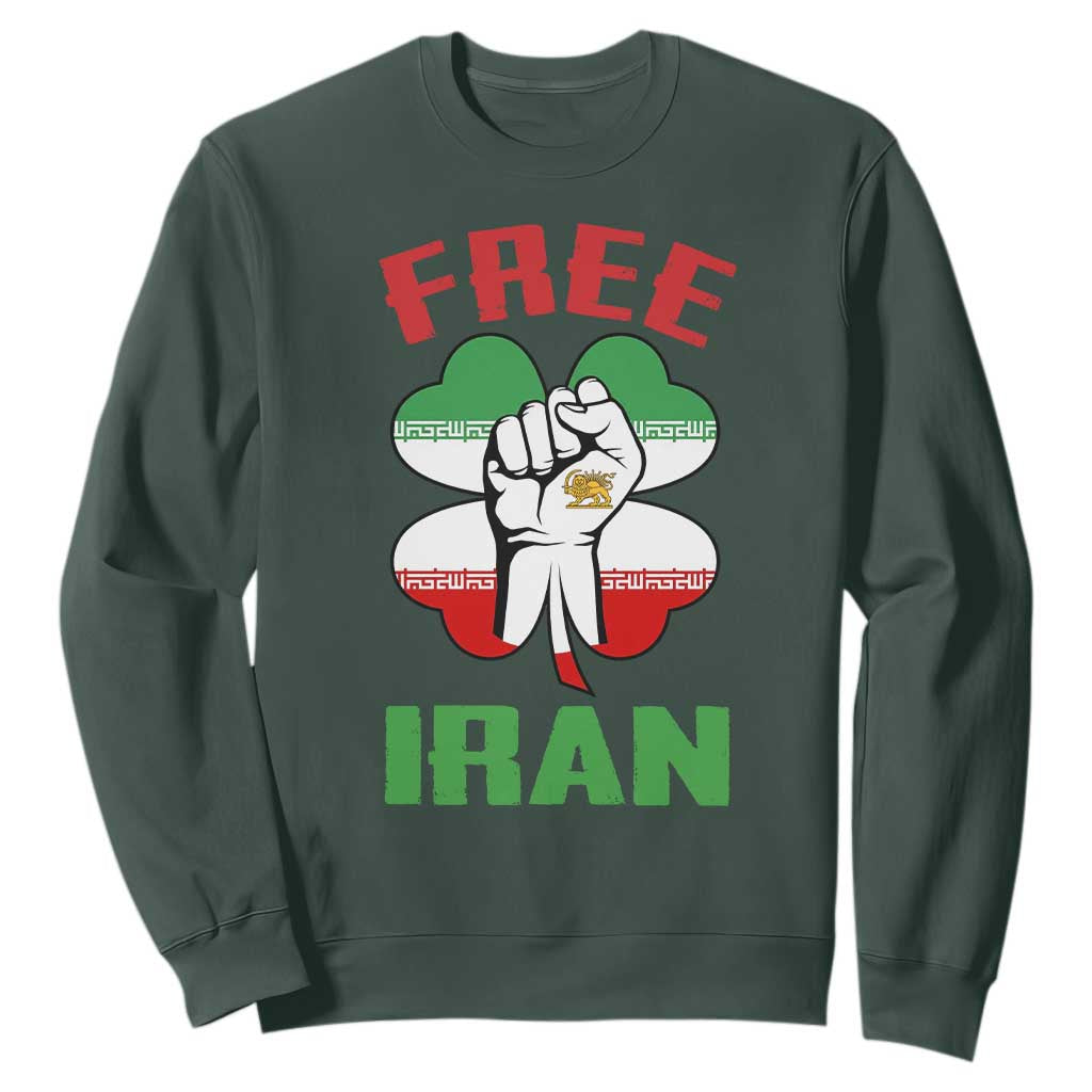 Free Iran Raised Fist and Persian Flag Clover Sweatshirt Lion and Sun Freedom Fighter Iranian Revolution TS02 Dark Forest Green Print Your Wear