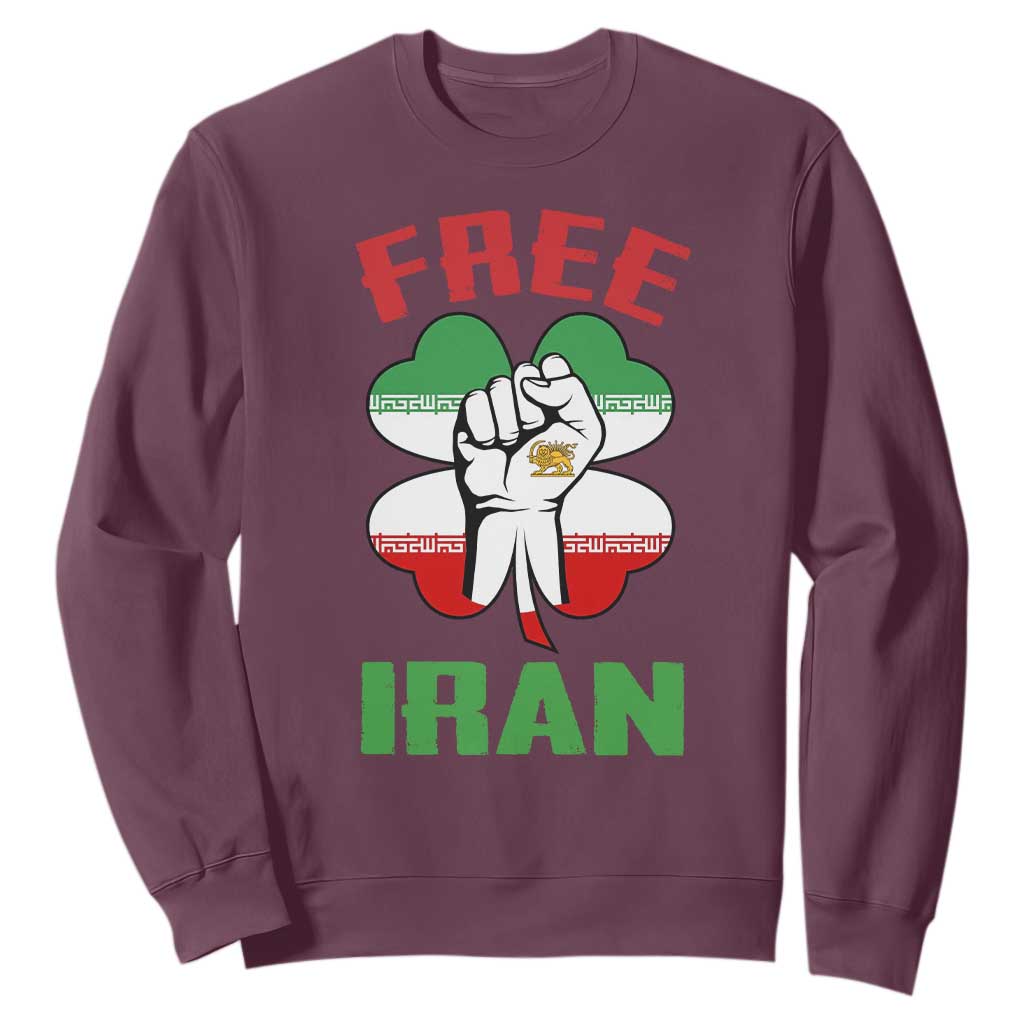 Free Iran Raised Fist and Persian Flag Clover Sweatshirt Lion and Sun Freedom Fighter Iranian Revolution TS02 Maroon Print Your Wear