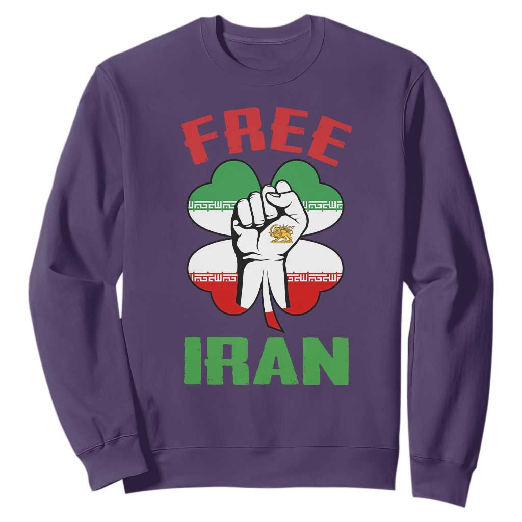 Free Iran Raised Fist and Persian Flag Clover Sweatshirt Lion and Sun Freedom Fighter Iranian Revolution TS02 Purple Print Your Wear