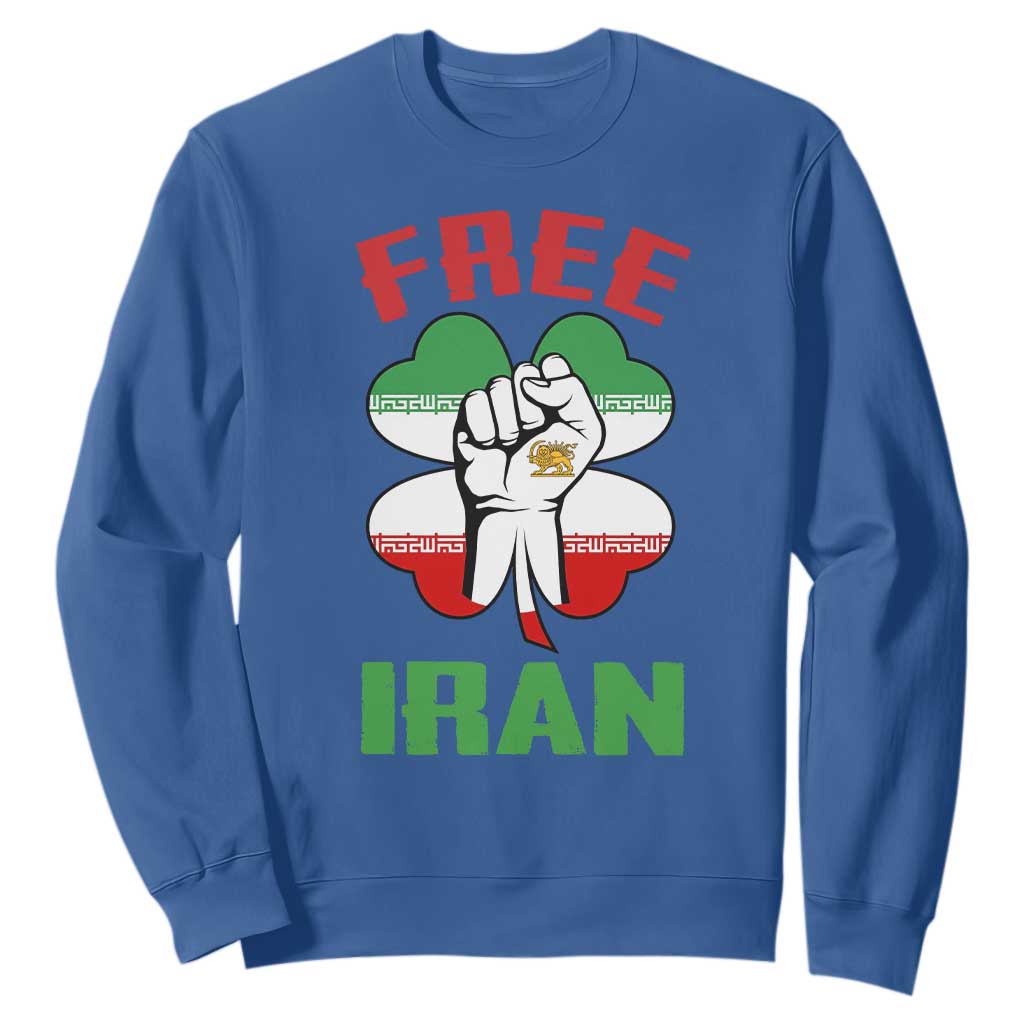 Free Iran Raised Fist and Persian Flag Clover Sweatshirt Lion and Sun Freedom Fighter Iranian Revolution TS02 Royal Blue Print Your Wear