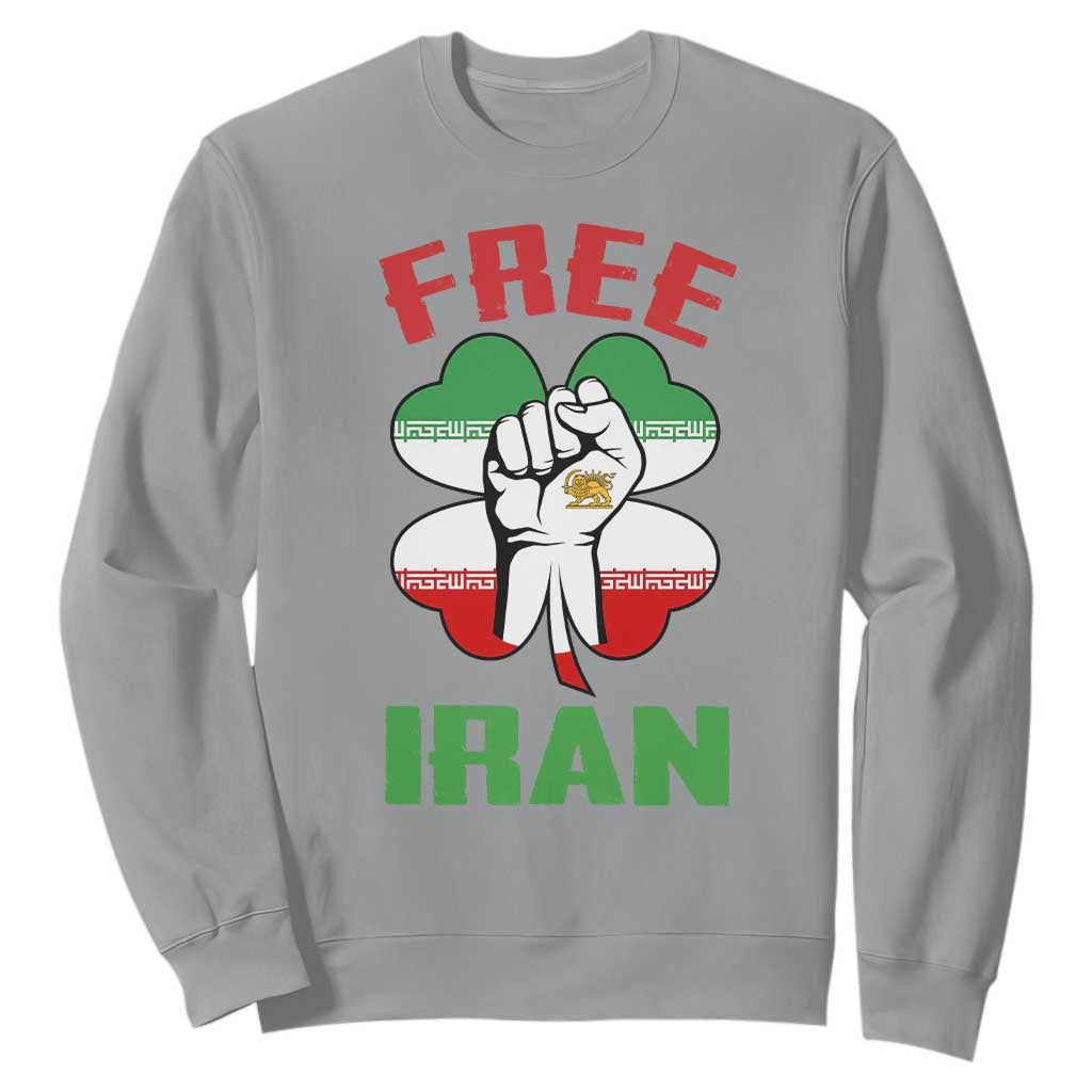 Free Iran Raised Fist and Persian Flag Clover Sweatshirt Lion and Sun Freedom Fighter Iranian Revolution TS02 Sport Gray Print Your Wear