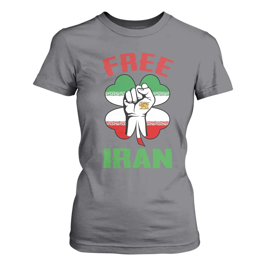Free Iran Raised Fist and Persian Flag Clover T Shirt For Women Lion and Sun Freedom Fighter Iranian Revolution TS02 Charcoal Print Your Wear