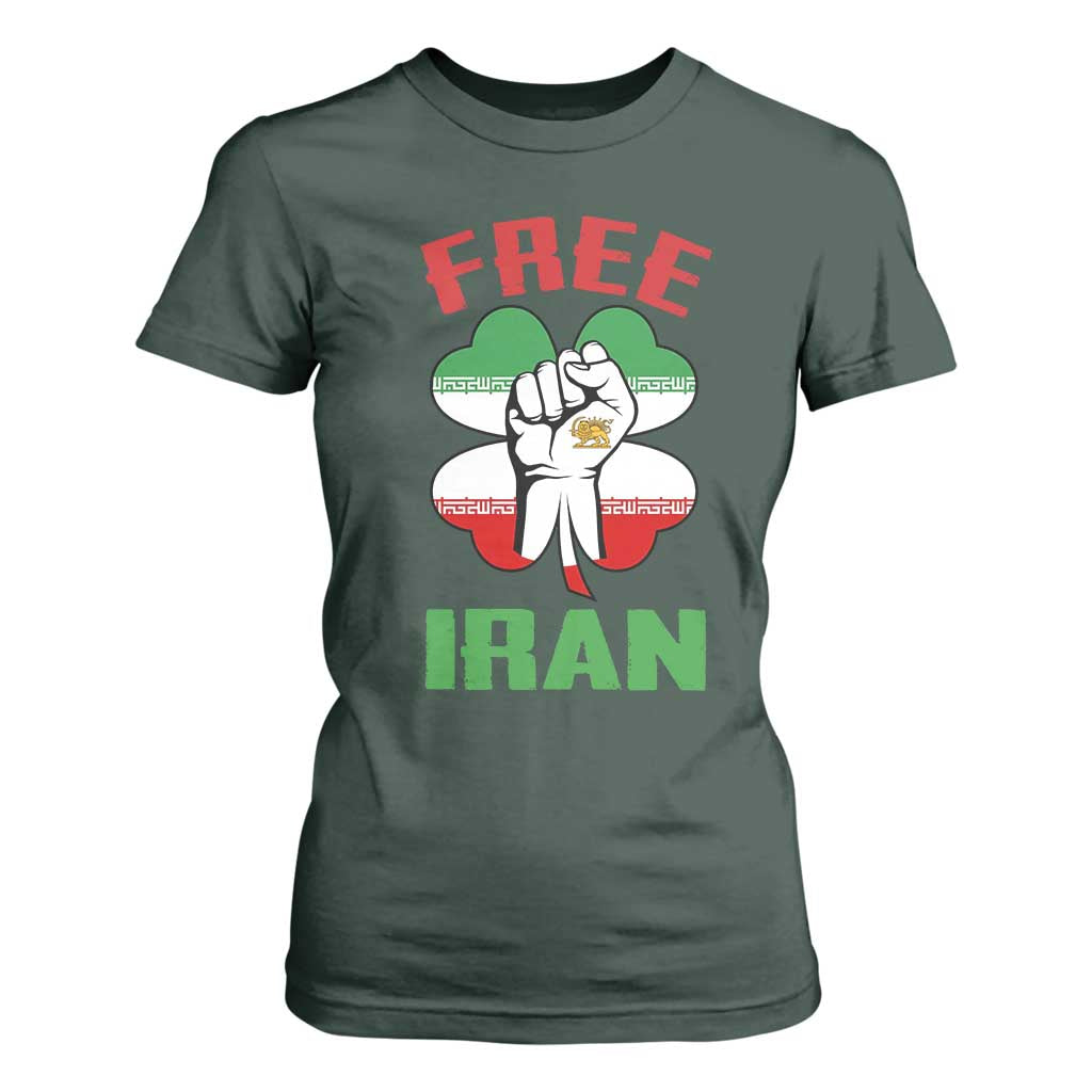 Free Iran Raised Fist and Persian Flag Clover T Shirt For Women Lion and Sun Freedom Fighter Iranian Revolution TS02 Dark Forest Green Print Your Wear