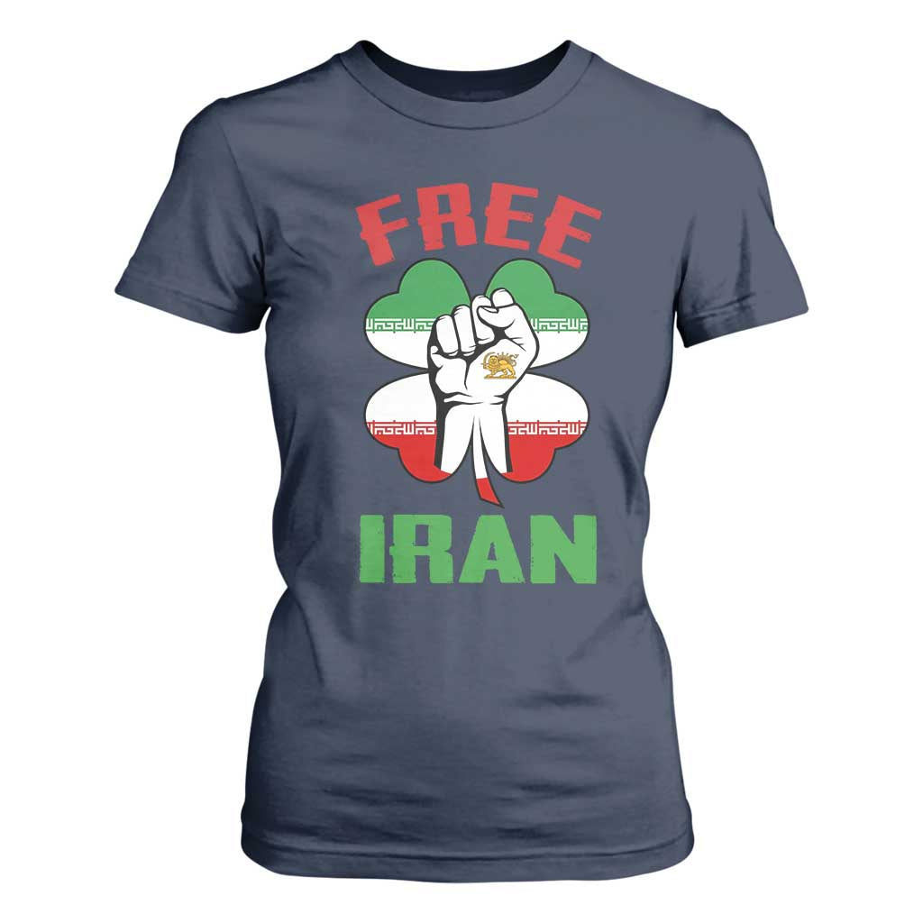 Free Iran Raised Fist and Persian Flag Clover T Shirt For Women Lion and Sun Freedom Fighter Iranian Revolution TS02 Navy Print Your Wear
