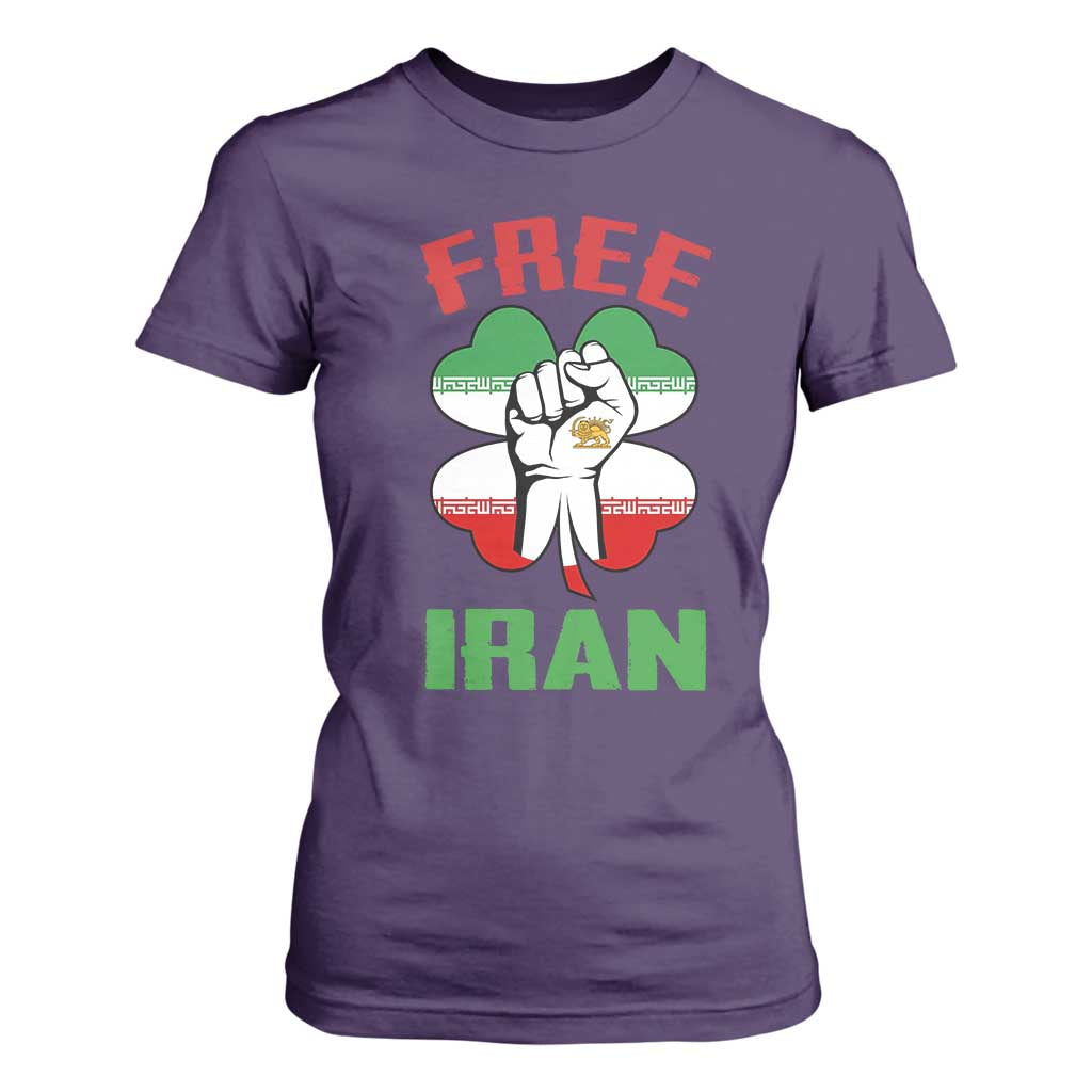 Free Iran Raised Fist and Persian Flag Clover T Shirt For Women Lion and Sun Freedom Fighter Iranian Revolution TS02 Purple Print Your Wear