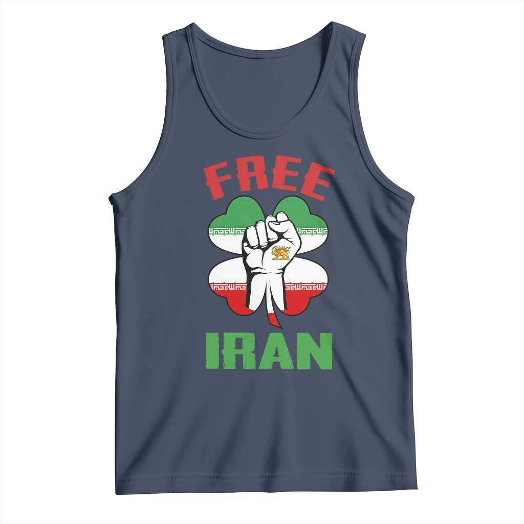Free Iran Raised Fist and Persian Flag Clover Tank Top Lion and Sun Freedom Fighter Iranian Revolution TS02 Navy Print Your Wear