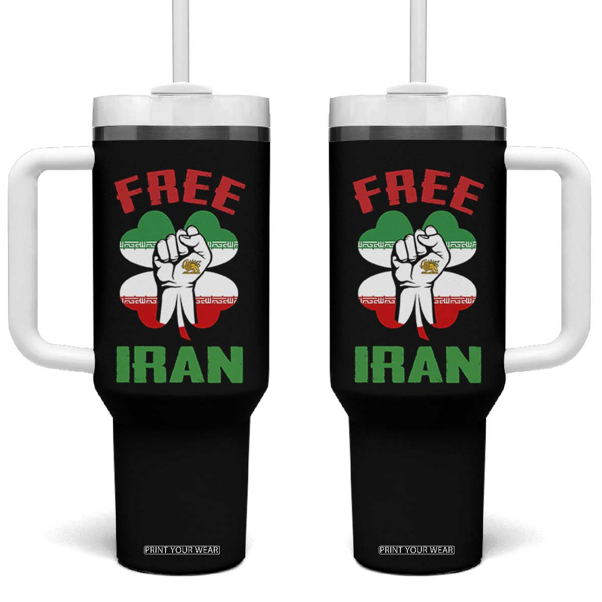 Free Iran Raised Fist and Persian Flag Clover Tumbler With Handle Lion and Sun Freedom Fighter Iranian Revolution TS02 One Size: 40 oz Black Print Your Wear