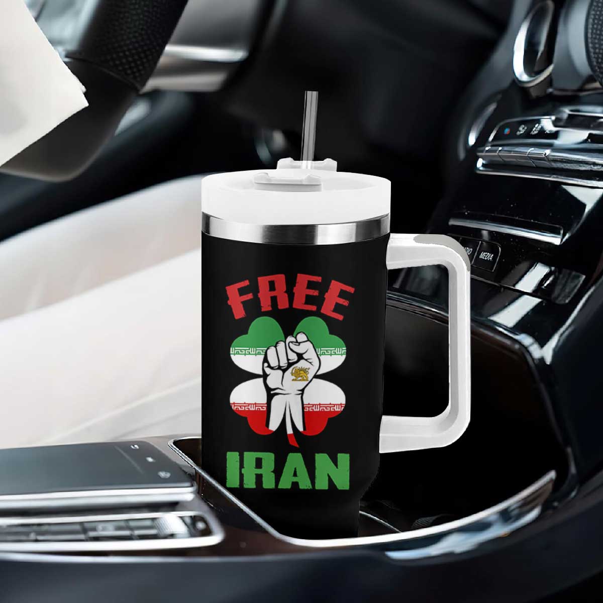 Free Iran Raised Fist and Persian Flag Clover Tumbler With Handle Lion and Sun Freedom Fighter Iranian Revolution TS02 Print Your Wear