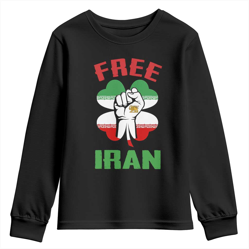 Free Iran Raised Fist and Persian Flag Clover Youth Sweatshirt Lion and Sun Freedom Fighter Iranian Revolution TS02 Black Print Your Wear