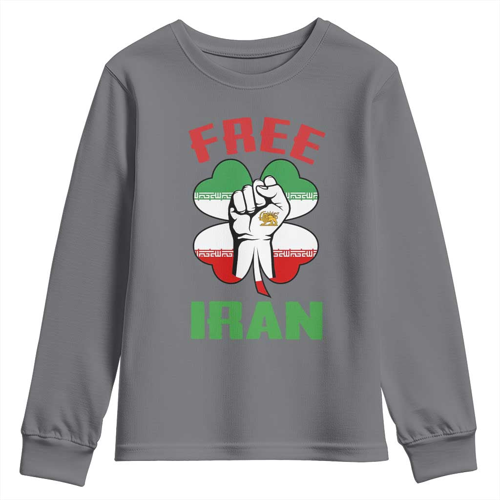 Free Iran Raised Fist and Persian Flag Clover Youth Sweatshirt Lion and Sun Freedom Fighter Iranian Revolution TS02 Charcoal Print Your Wear