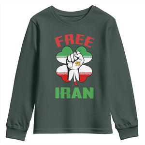 Free Iran Raised Fist and Persian Flag Clover Youth Sweatshirt Lion and Sun Freedom Fighter Iranian Revolution TS02 Dark Forest Green Print Your Wear