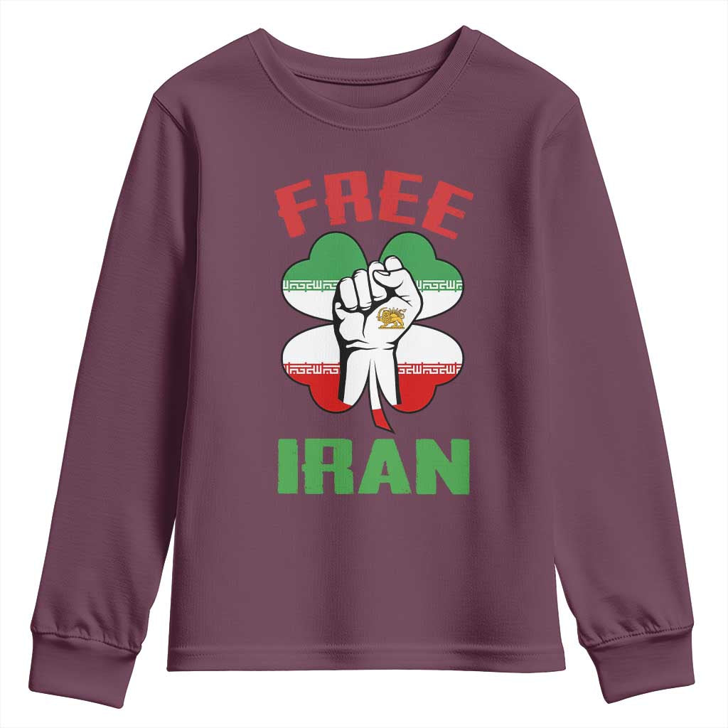 Free Iran Raised Fist and Persian Flag Clover Youth Sweatshirt Lion and Sun Freedom Fighter Iranian Revolution TS02 Maroon Print Your Wear