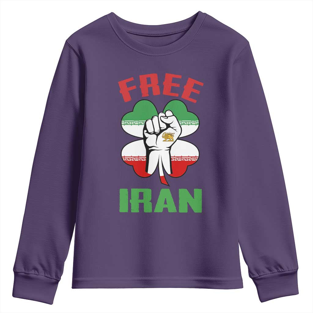 Free Iran Raised Fist and Persian Flag Clover Youth Sweatshirt Lion and Sun Freedom Fighter Iranian Revolution TS02 Purple Print Your Wear