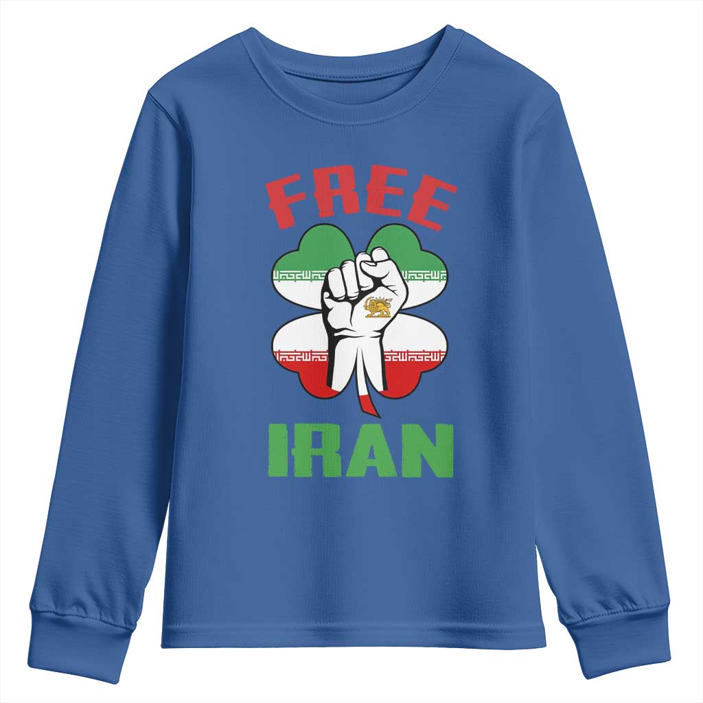 Free Iran Raised Fist and Persian Flag Clover Youth Sweatshirt Lion and Sun Freedom Fighter Iranian Revolution TS02 Royal Blue Print Your Wear