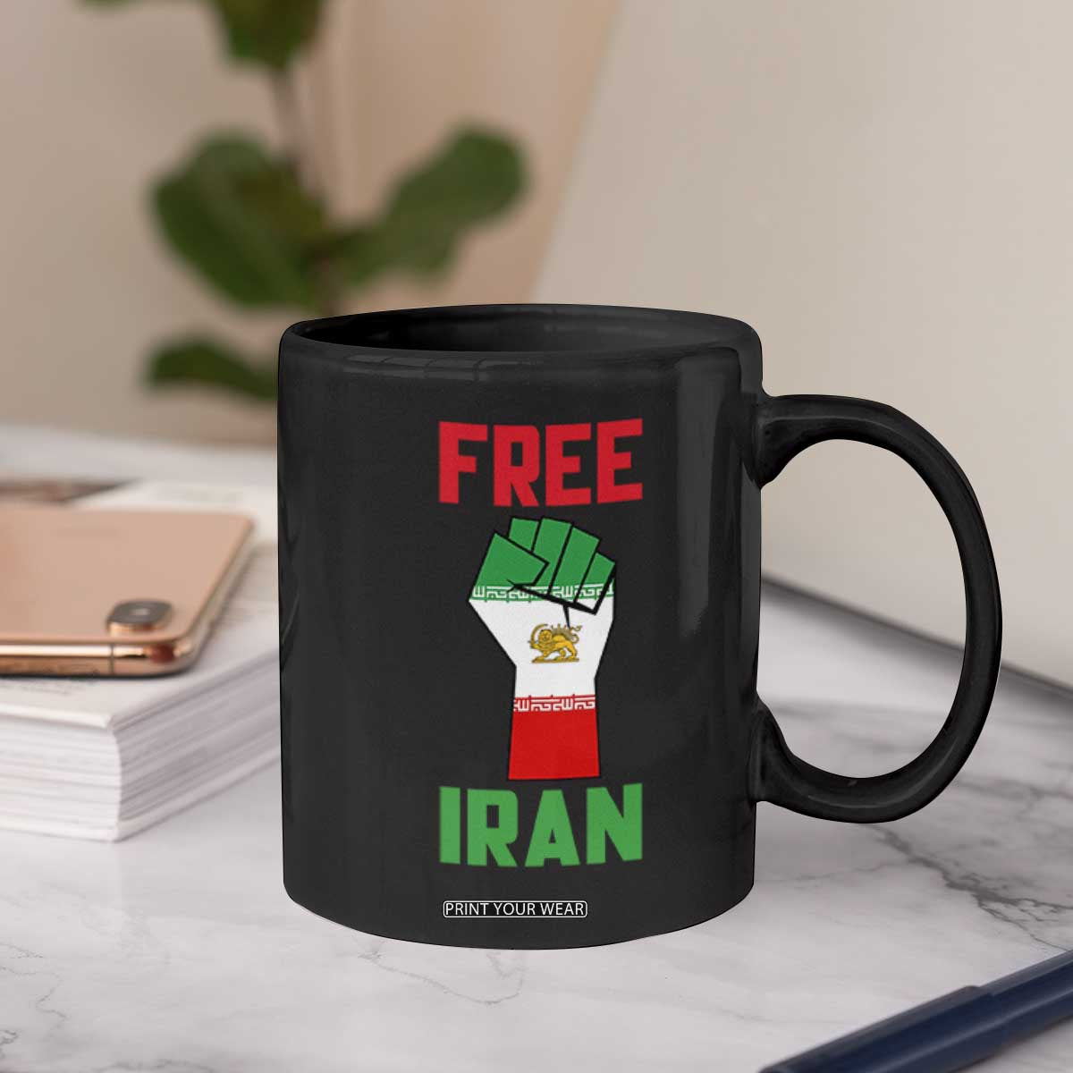 Free Iran Raised Fist Coffee Mug Persian Flag Lion and Sun Emblem Iranian Revolution TS02 Print Your Wear
