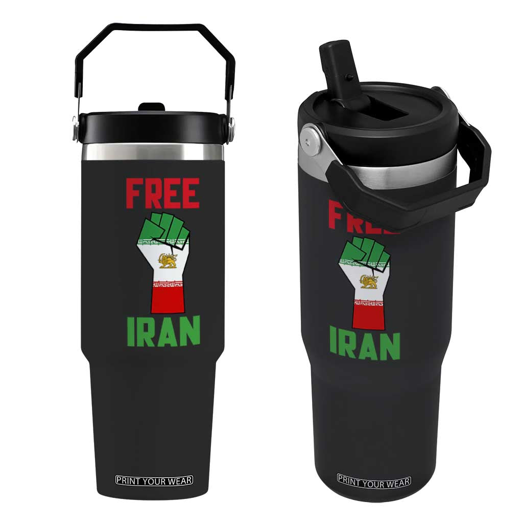 Free Iran Raised Fist Flip Straw Tumbler Persian Flag Lion and Sun Emblem Iranian Revolution TS02 One Size: 30 oz Black Print Your Wear