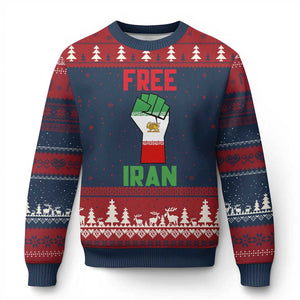 Free Iran Raised Fist Ugly Christmas Sweater Persian Flag Lion and Sun Emblem Iranian Revolution TS02 Navy Red Print Your Wear