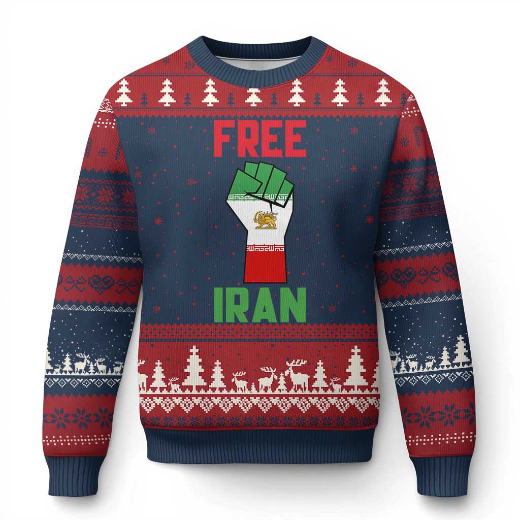 Free Iran Raised Fist Ugly Christmas Sweater Persian Flag Lion and Sun Emblem Iranian Revolution TS02 Navy Red Print Your Wear