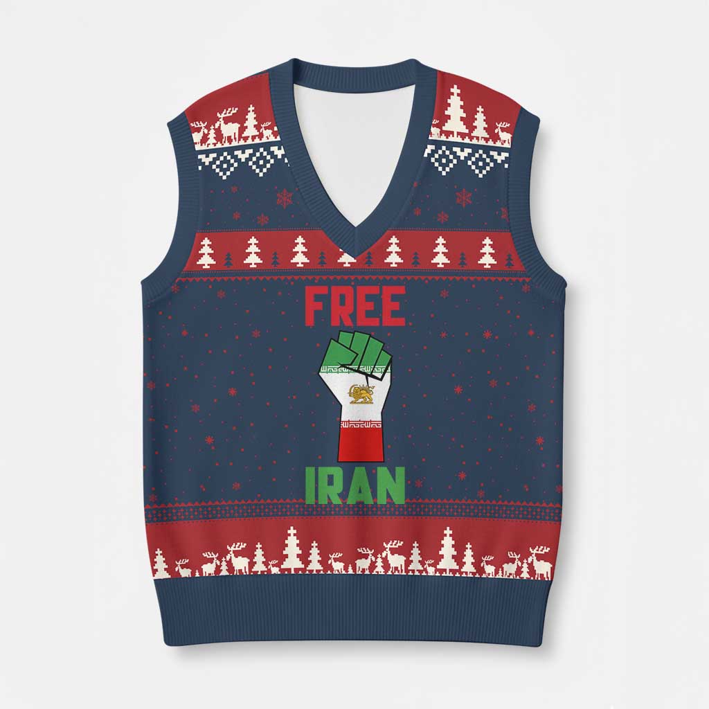 Free Iran Raised Fist V-Neck Knit Sweater Vest Persian Flag Lion and Sun Emblem Iranian Revolution TS02 Navy Red Print Your Wear
