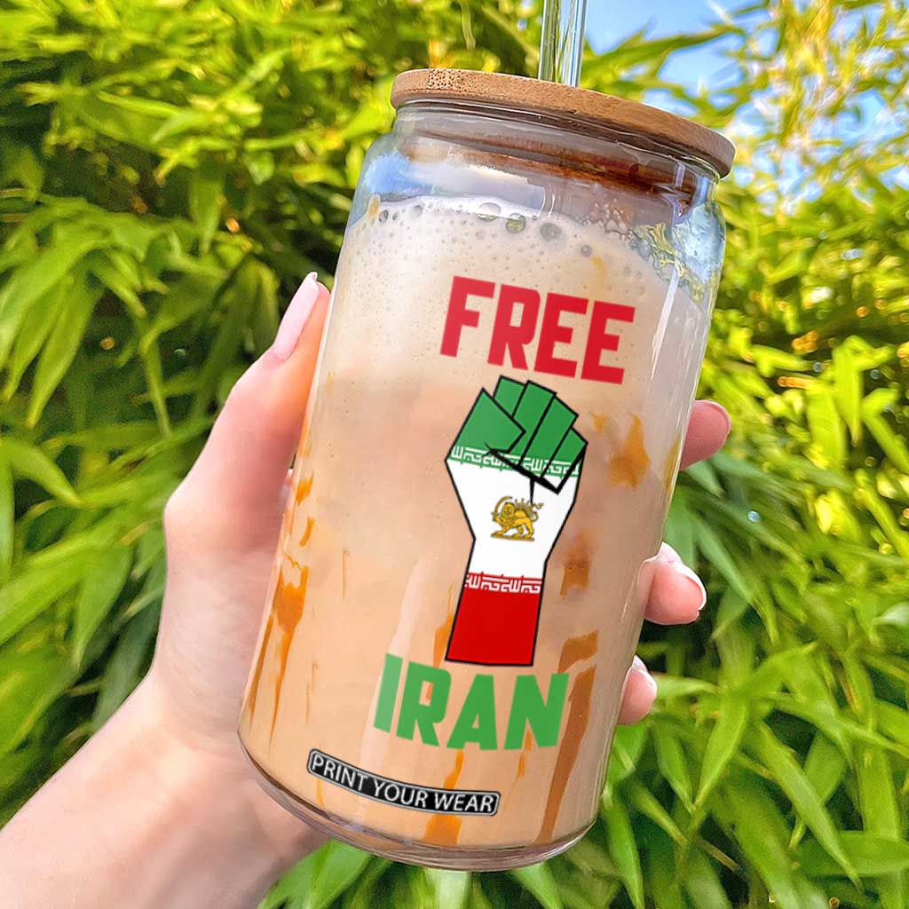 Free Iran Raised Fist Glass Can Persian Flag Lion and Sun Emblem Iranian Revolution TS02 Black Print Your Wear