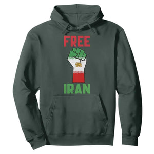Free Iran Raised Fist Hoodie Persian Flag Lion and Sun Emblem Iranian Revolution TS02 Dark Forest Green Print Your Wear