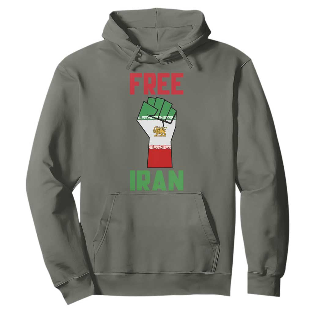 Free Iran Raised Fist Hoodie Persian Flag Lion and Sun Emblem Iranian Revolution TS02 Military Green Print Your Wear