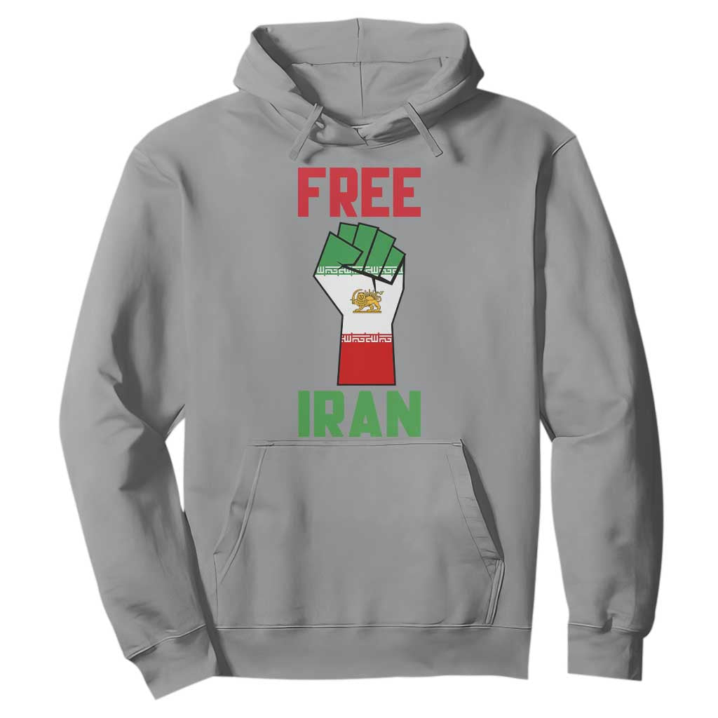 Free Iran Raised Fist Hoodie Persian Flag Lion and Sun Emblem Iranian Revolution TS02 Sport Gray Print Your Wear