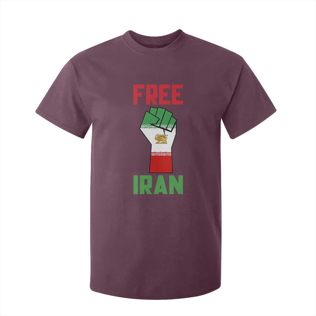 Free Iran Raised Fist T Shirt For Kid Persian Flag Lion and Sun Emblem Iranian Revolution TS02 Maroon Print Your Wear