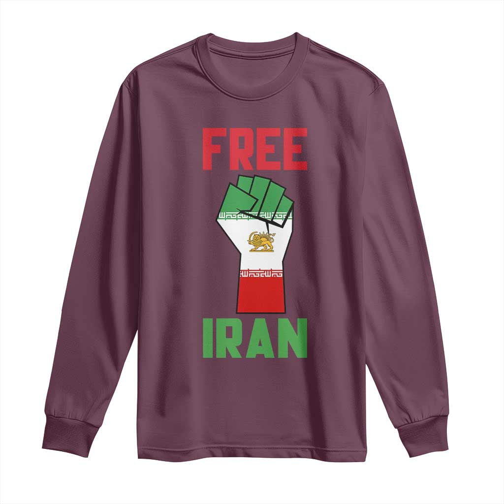 Free Iran Raised Fist Long Sleeve Shirt Persian Flag Lion and Sun Emblem Iranian Revolution TS02 Maroon Print Your Wear