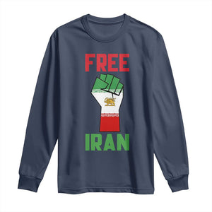 Free Iran Raised Fist Long Sleeve Shirt Persian Flag Lion and Sun Emblem Iranian Revolution TS02 Navy Print Your Wear