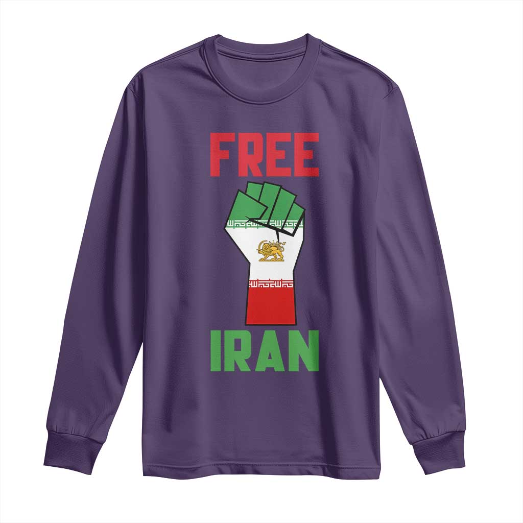 Free Iran Raised Fist Long Sleeve Shirt Persian Flag Lion and Sun Emblem Iranian Revolution TS02 Purple Print Your Wear