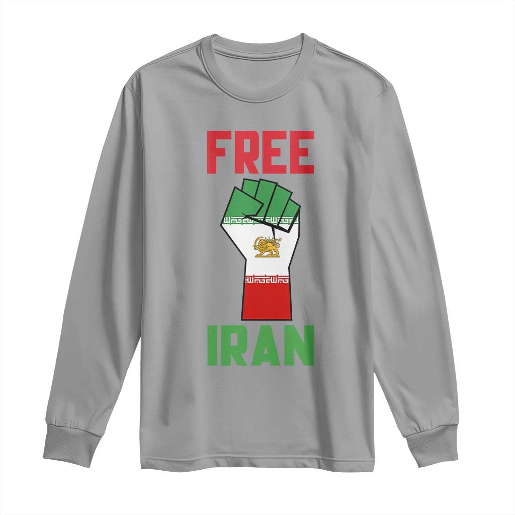 Free Iran Raised Fist Long Sleeve Shirt Persian Flag Lion and Sun Emblem Iranian Revolution TS02 Sport Gray Print Your Wear