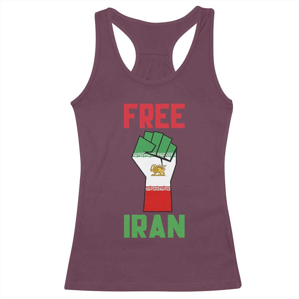 Free Iran Raised Fist Racerback Tank Top Persian Flag Lion and Sun Emblem Iranian Revolution TS02 Maroon Print Your Wear