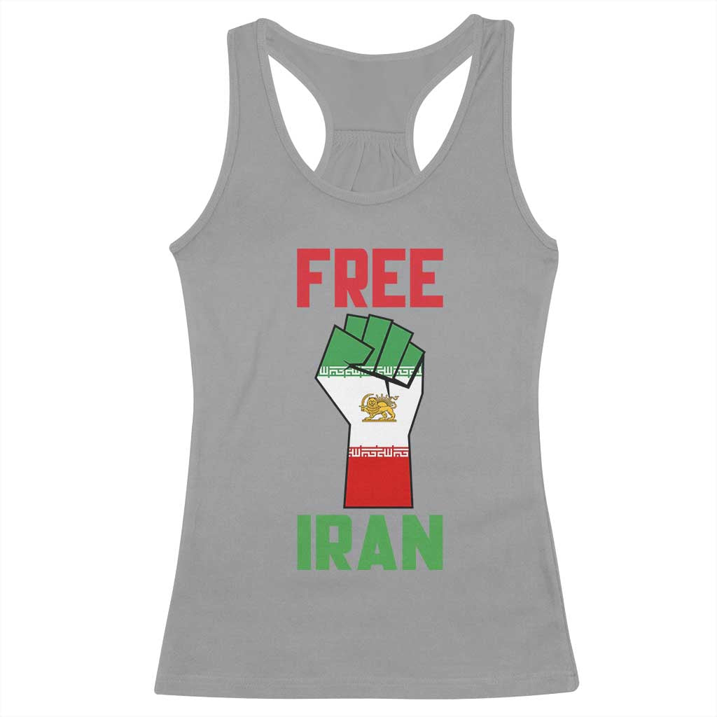 Free Iran Raised Fist Racerback Tank Top Persian Flag Lion and Sun Emblem Iranian Revolution TS02 Sport Gray Print Your Wear