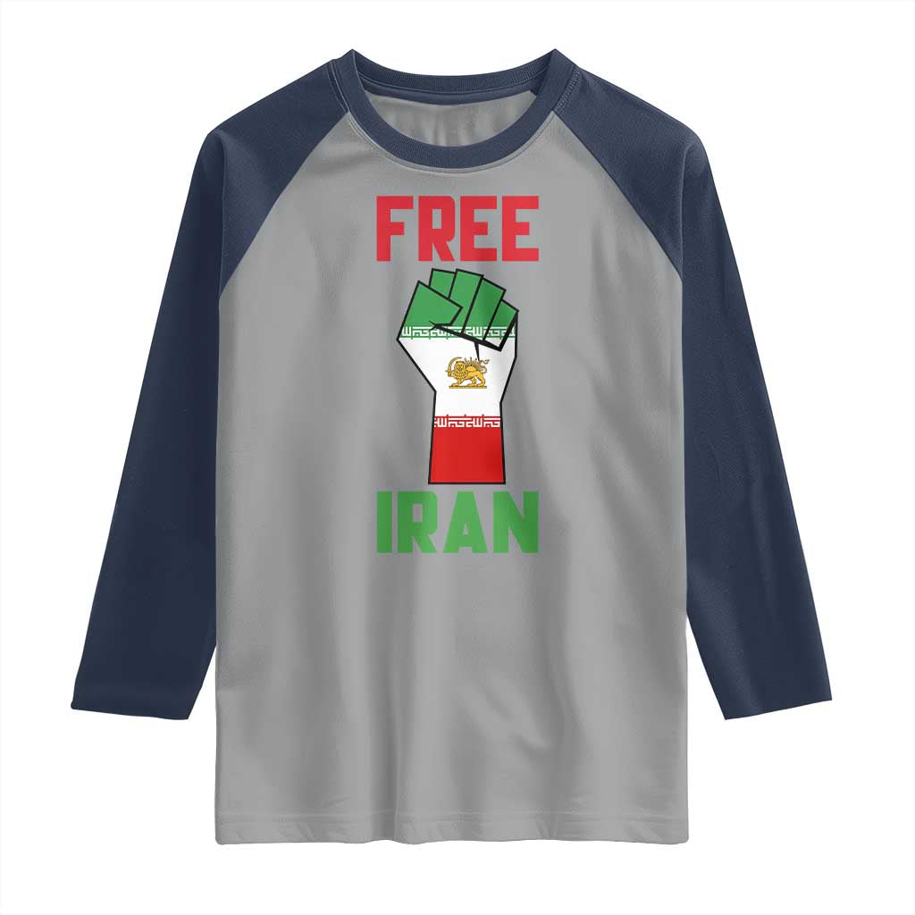 Free Iran Raised Fist Raglan Shirt Persian Flag Lion and Sun Emblem Iranian Revolution TS02 Sport Gray Navy Print Your Wear