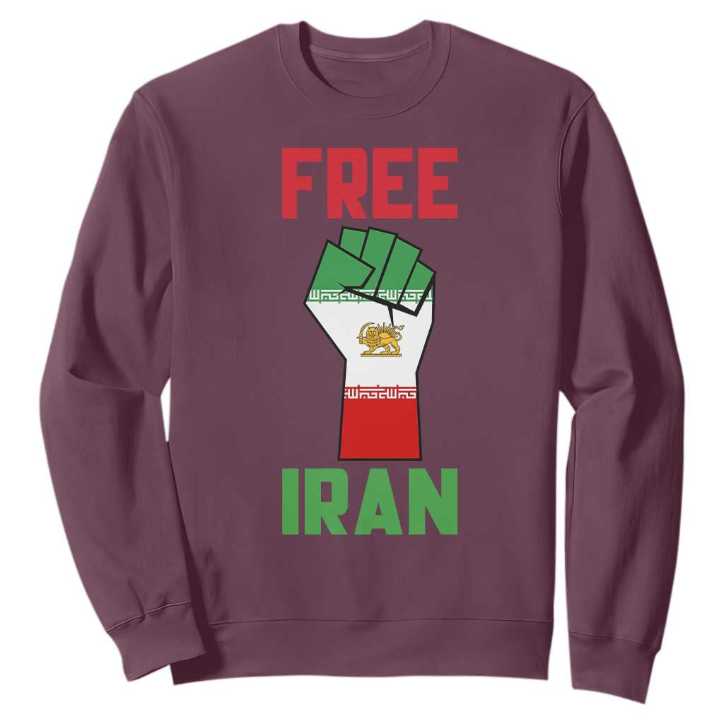 Free Iran Raised Fist Sweatshirt Persian Flag Lion and Sun Emblem Iranian Revolution TS02 Maroon Print Your Wear
