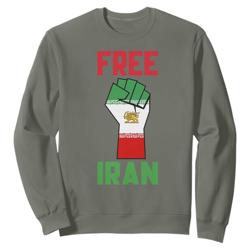 Free Iran Raised Fist Sweatshirt Persian Flag Lion and Sun Emblem Iranian Revolution TS02 Military Green Print Your Wear