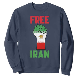Free Iran Raised Fist Sweatshirt Persian Flag Lion and Sun Emblem Iranian Revolution TS02 Navy Print Your Wear