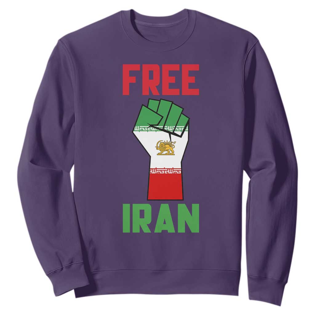 Free Iran Raised Fist Sweatshirt Persian Flag Lion and Sun Emblem Iranian Revolution TS02 Purple Print Your Wear