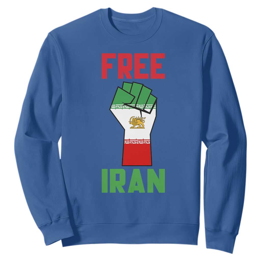 Free Iran Raised Fist Sweatshirt Persian Flag Lion and Sun Emblem Iranian Revolution TS02 Royal Blue Print Your Wear