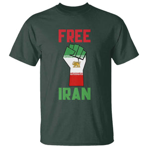 Free Iran Raised Fist T Shirt Persian Flag Lion and Sun Emblem Iranian Revolution TS02 Dark Forest Green Print Your Wear