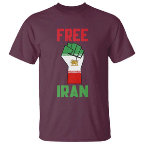Free Iran Raised Fist T Shirt Persian Flag Lion and Sun Emblem Iranian Revolution TS02 Maroon Print Your Wear