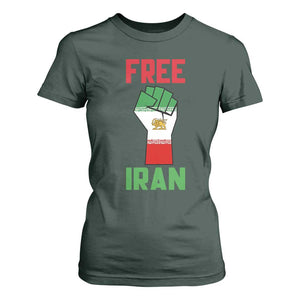 Free Iran Raised Fist T Shirt For Women Persian Flag Lion and Sun Emblem Iranian Revolution TS02 Dark Forest Green Print Your Wear