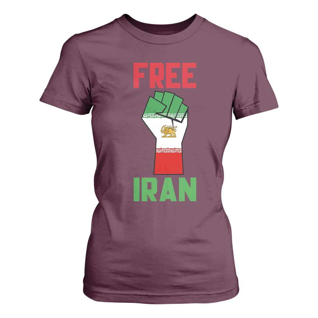Free Iran Raised Fist T Shirt For Women Persian Flag Lion and Sun Emblem Iranian Revolution TS02 Maroon Print Your Wear