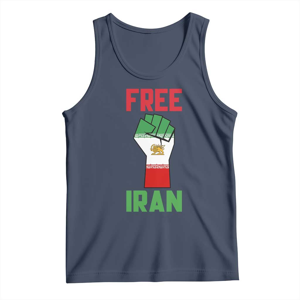 Free Iran Raised Fist Tank Top Persian Flag Lion and Sun Emblem Iranian Revolution TS02 Navy Print Your Wear